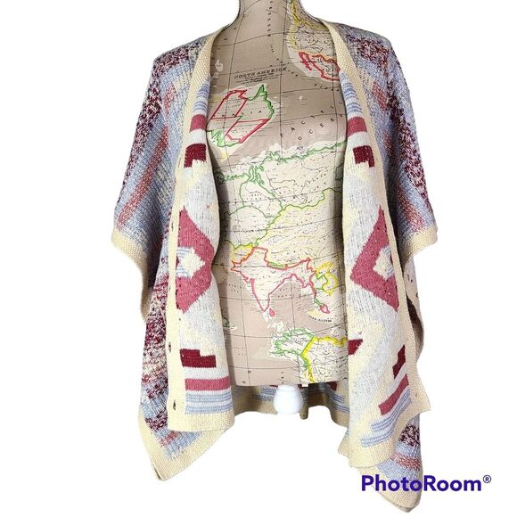 Lucky Brand Cream Western Southwestern Aztec Poncho Cardigan Sweater One Size - Picture 1 of 10
